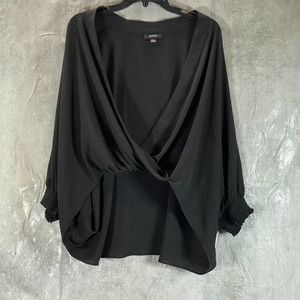 Alfani Women's Deep Black Faux-Wrap Smocked-Cuff Top SZ L